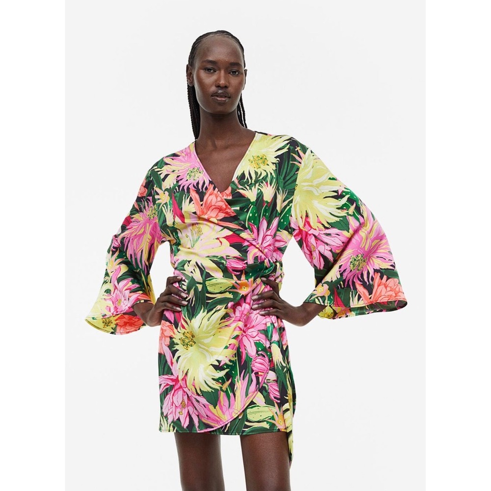 H&M Tropical Floral Wrap Mini Dress‎ Pink Yellow Green Wide Flare Sleeve  S